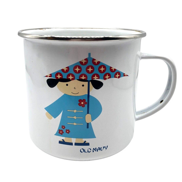 Old Navy Enamel Tin Mug Cup Rare Asian Girl Umbrella Enamelware Collectible - Picture 1 of 9